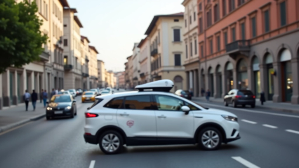 Flotta di veicoli autonomi in una strada principale di Padova con sensori Lidar visibili sul tetto, traffico urbano, edifici storici
