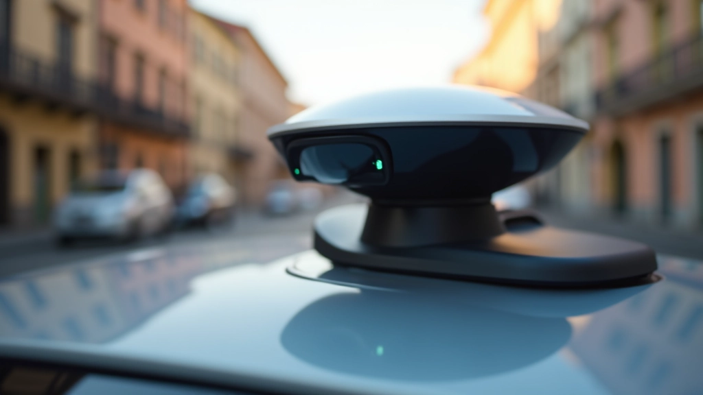 Sensore Lidar su veicolo autonomo che scansiona l'ambiente stradale urbano a 360 gradi