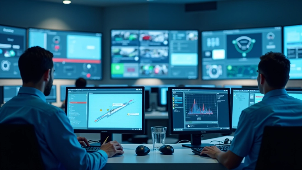 Immagine di un centro di controllo del traffico intelligente con monitor che mostrano dati di comunicazione 5G e posizioni dei veicoli in tempo reale