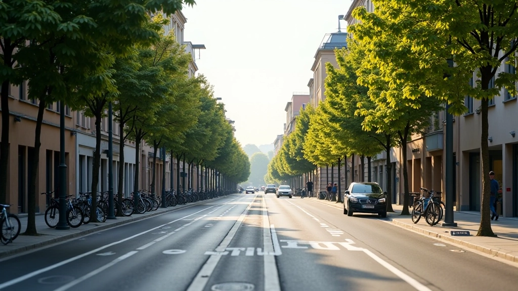 Una strada di Padova con alberi, piste ciclabili e sensori di qualità dell'aria integrati nell'arredo urbano moderno