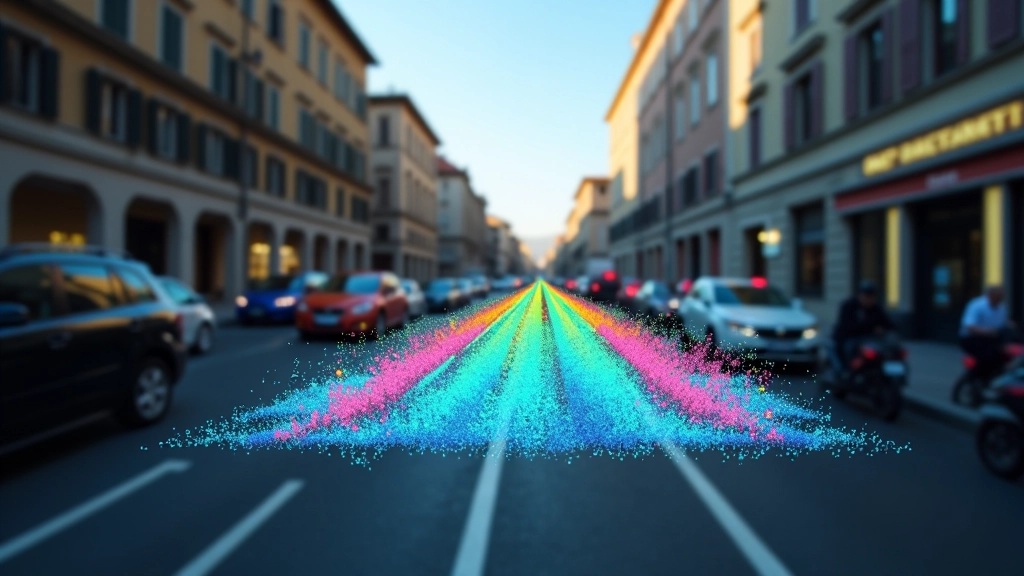 Schermata di visualizzazione in tempo reale che mostra una mappa Lidar 3D colorata con oggetti identificati in una strada urbana padovana