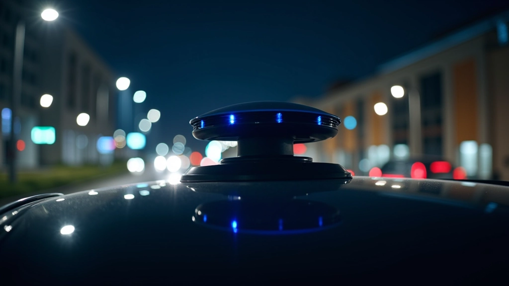 Sensore Lidar rotante montato sul tetto di un veicolo autonomo con raggi laser visibili in ambiente notturno