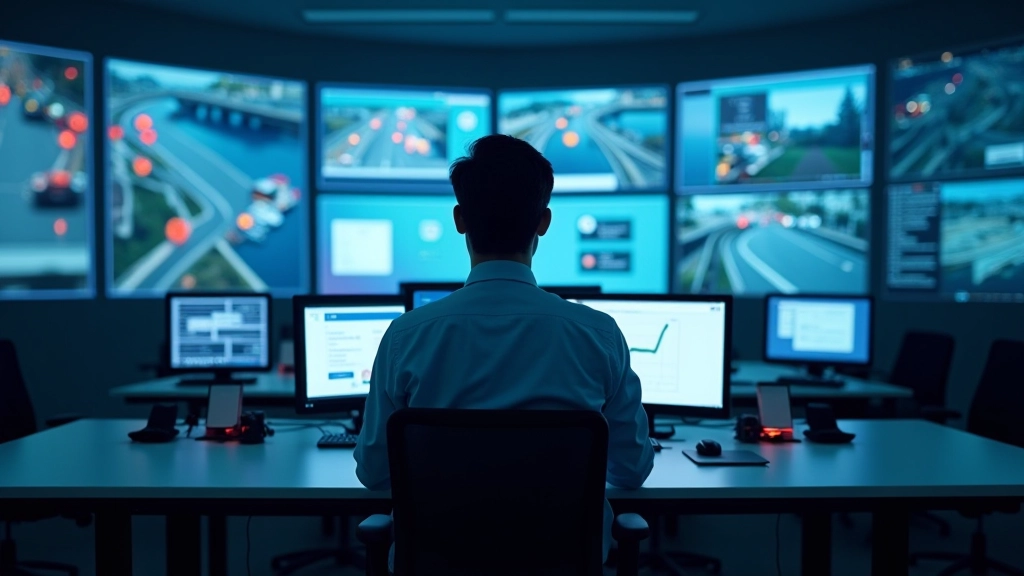 Centro di controllo traffico urbano con monitor e sensori integrati per la gestione della mobilità autonoma